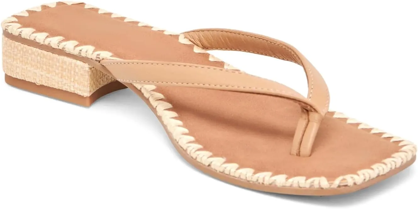 DOEYG Raffia Heels Sandals for Women Summer Beach Flip Flops Square Open Toe Flat Heeled Sandals Dressy Comfortable Slip on Thong Sandals