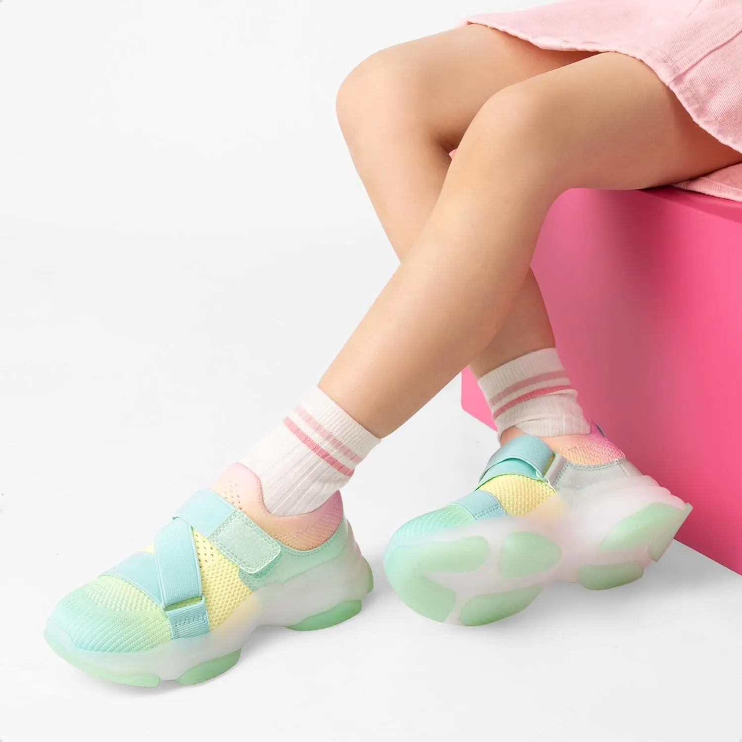 DREAM PAIRS Kids Sneakers Girls Slip-On Shoes Z-Strap Colorful Jelly Sole Walking Shoes