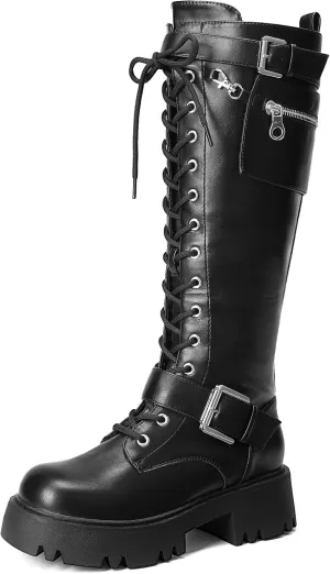 DREAM PAIRS Women's Combat Riding Platform Knee High Boots, Lace Up Fall Lug Sole Gothic Motorcycle Boots with Inside Zipper