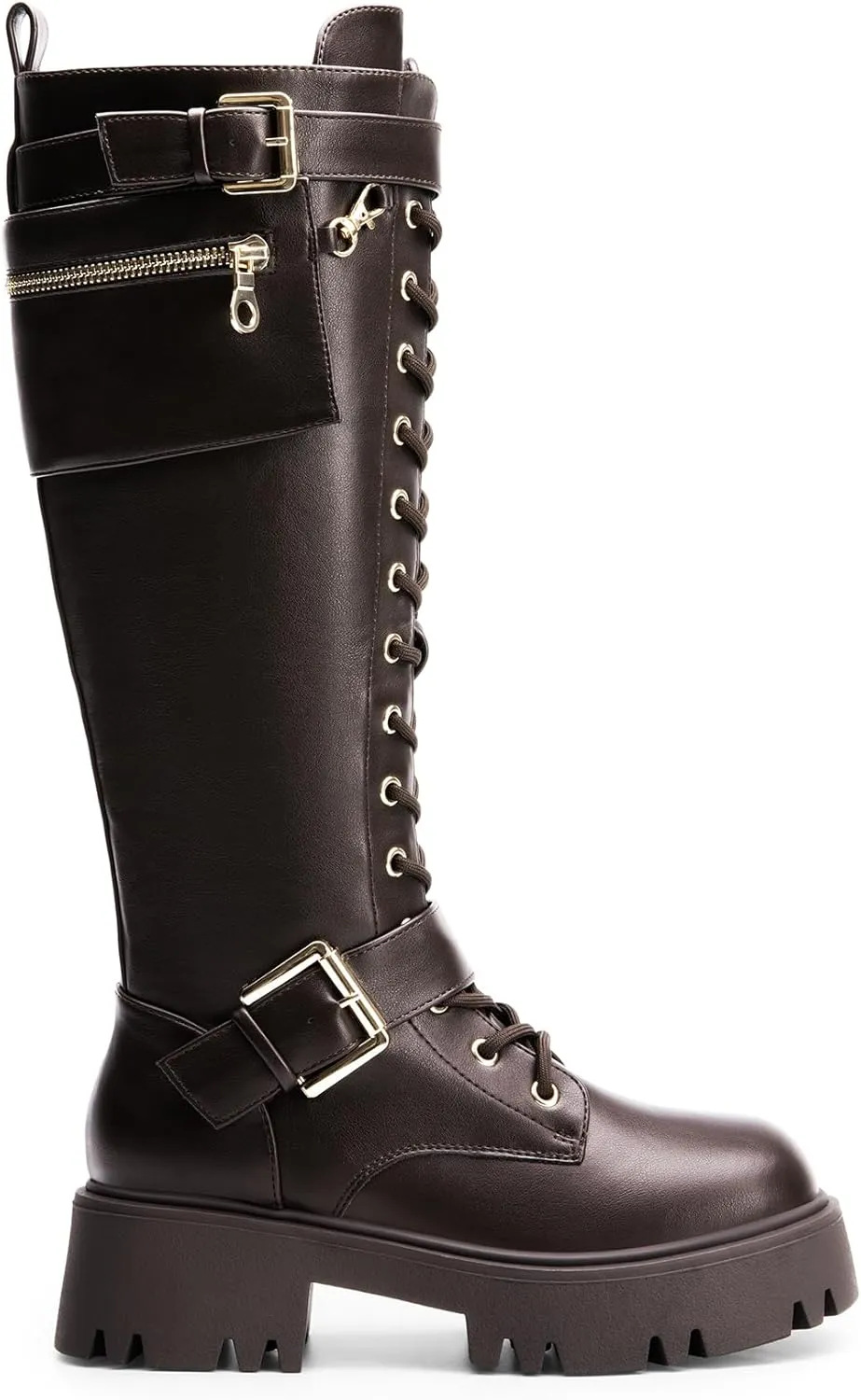 DREAM PAIRS Women's Combat Riding Platform Knee High Boots, Lace Up Fall Lug Sole Gothic Motorcycle Boots with Inside Zipper