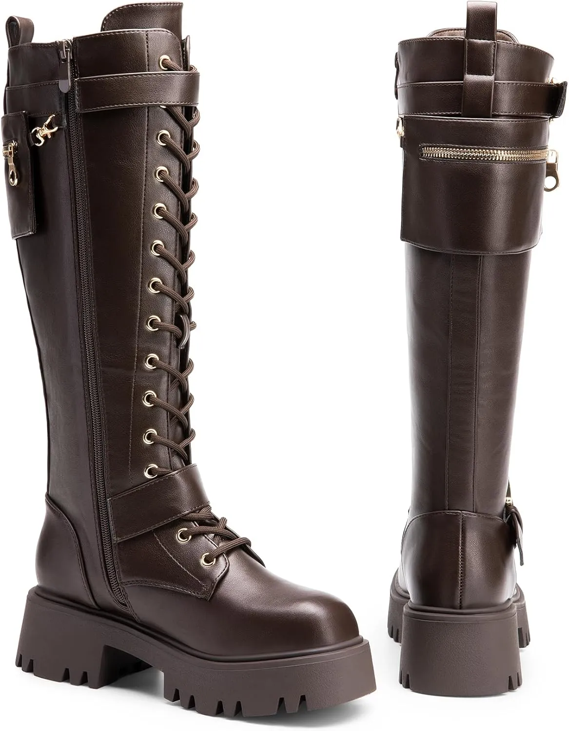 DREAM PAIRS Women's Combat Riding Platform Knee High Boots, Lace Up Fall Lug Sole Gothic Motorcycle Boots with Inside Zipper