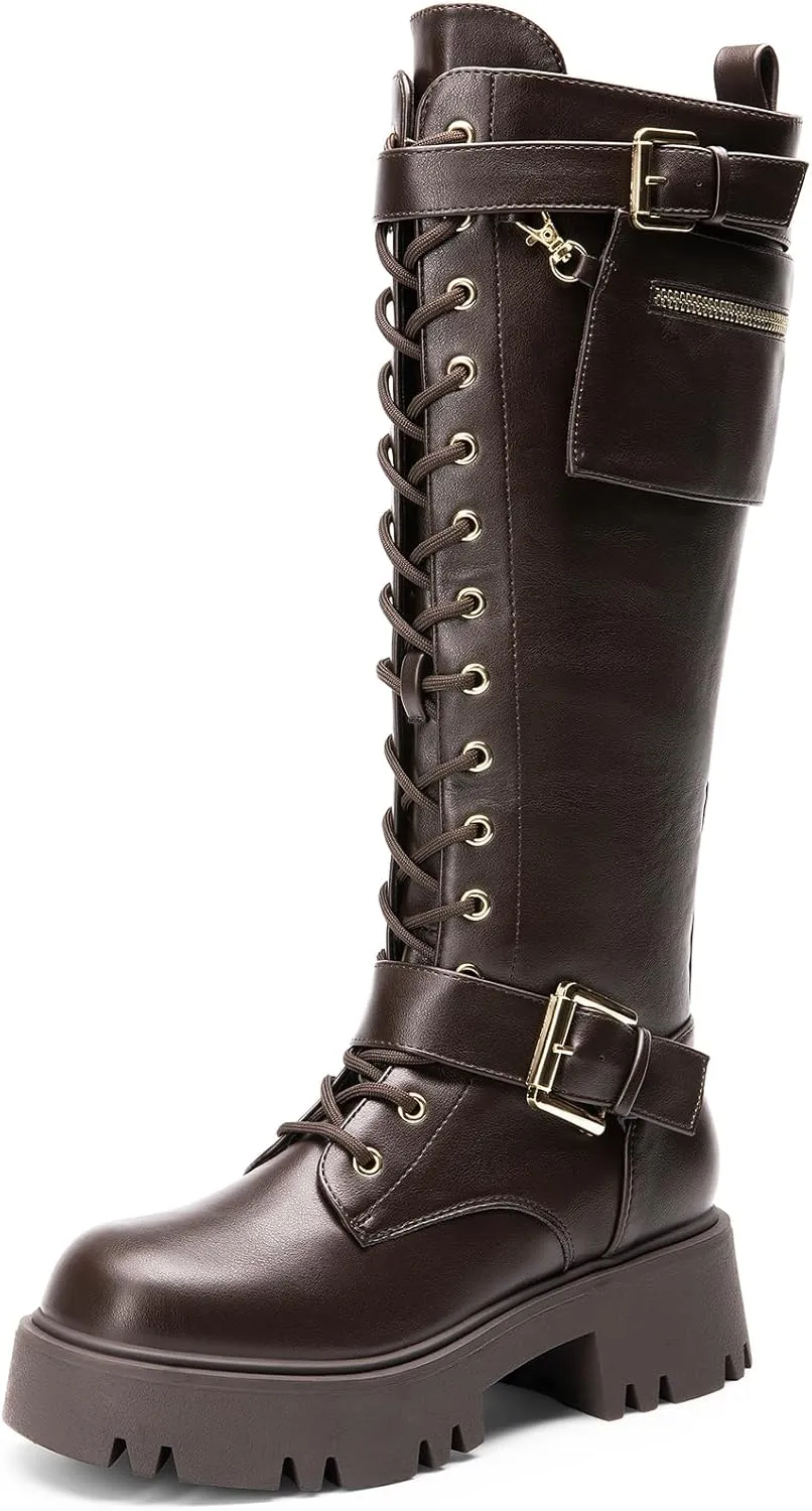 DREAM PAIRS Women's Combat Riding Platform Knee High Boots, Lace Up Fall Lug Sole Gothic Motorcycle Boots with Inside Zipper