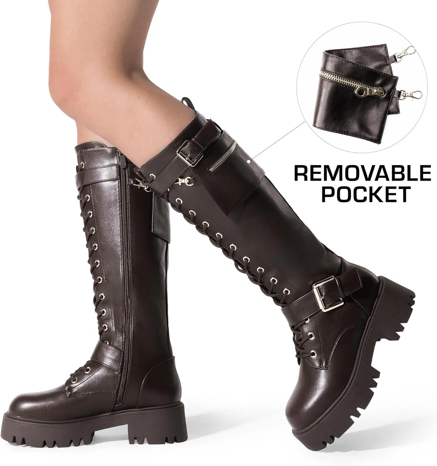 DREAM PAIRS Women's Combat Riding Platform Knee High Boots, Lace Up Fall Lug Sole Gothic Motorcycle Boots with Inside Zipper