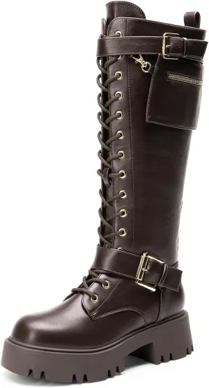 DREAM PAIRS Women's Combat Riding Platform Knee High Boots, Lace Up Fall Lug Sole Gothic Motorcycle Boots with Inside Zipper