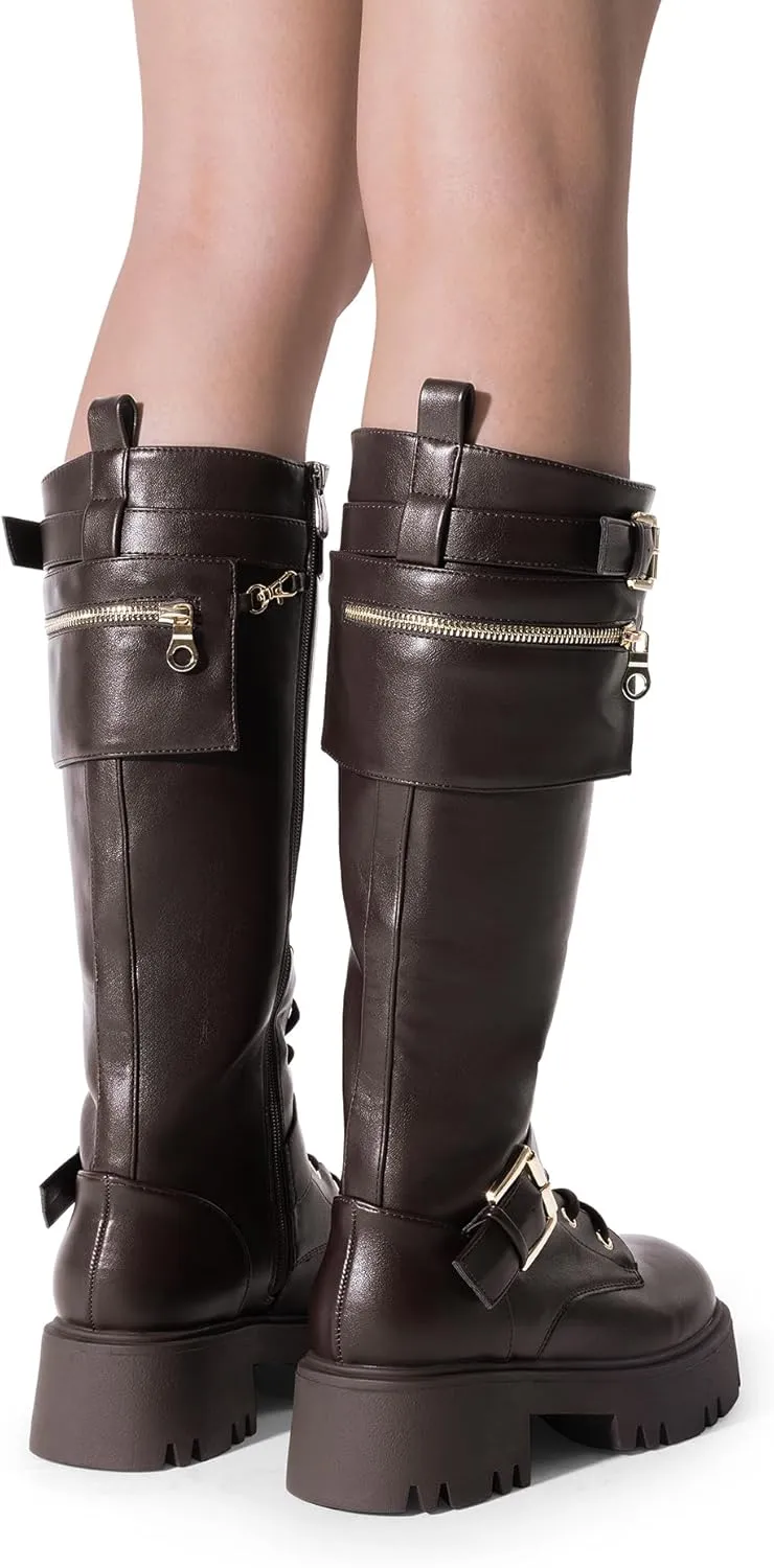 DREAM PAIRS Women's Combat Riding Platform Knee High Boots, Lace Up Fall Lug Sole Gothic Motorcycle Boots with Inside Zipper