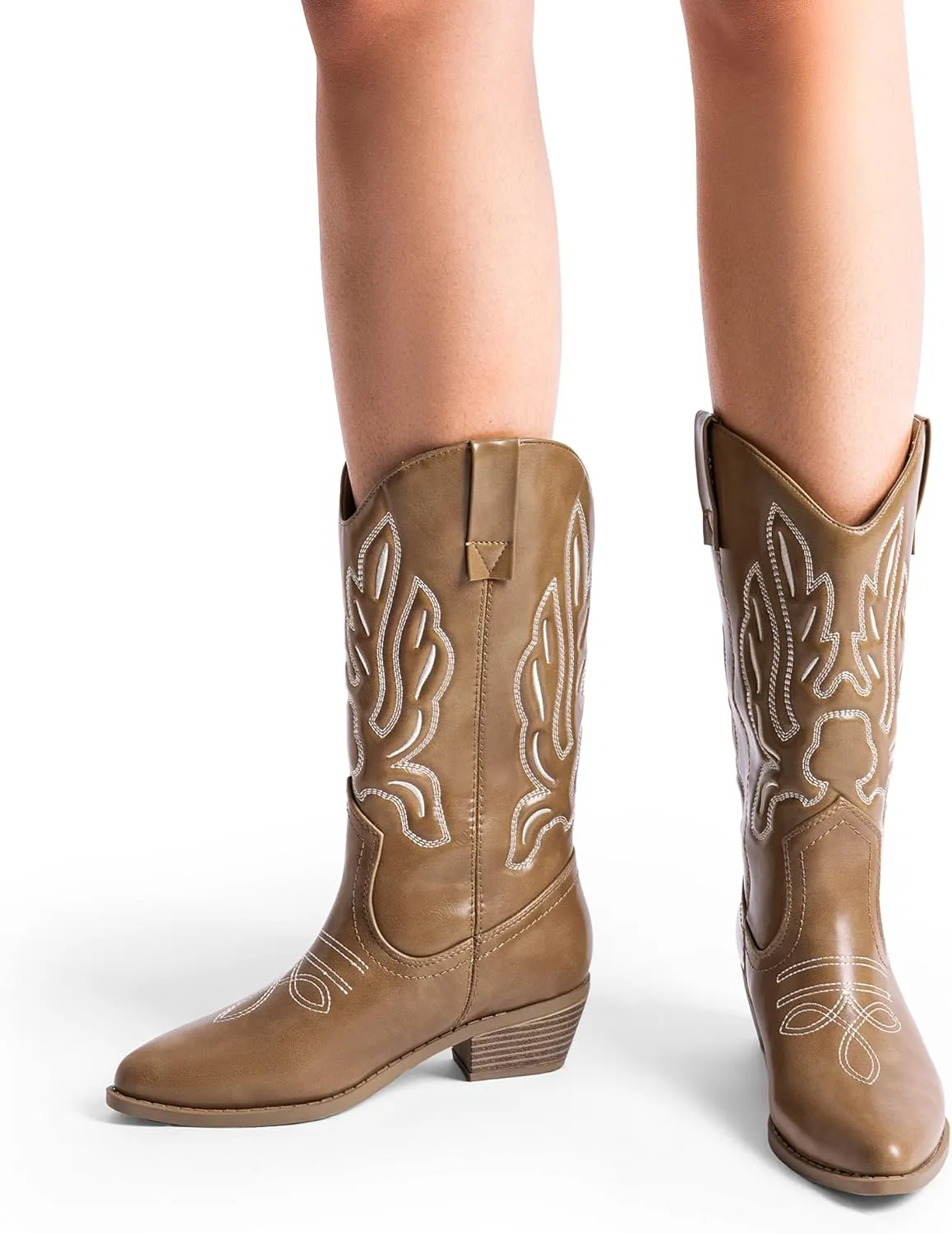 DREAM PAIRS Women's Cowboy Boots Mid Calf Cowgirl Boots Embroidery Stitched Western Boots