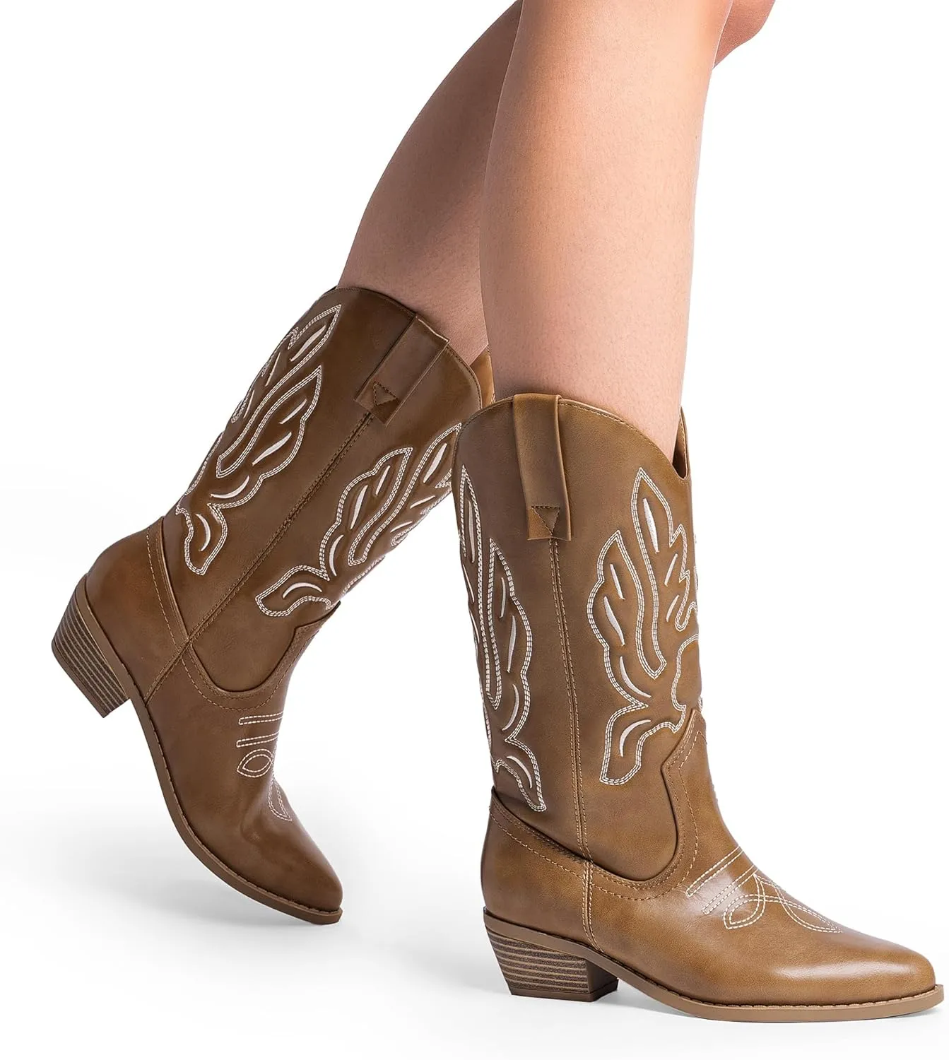 DREAM PAIRS Women's Cowboy Boots Mid Calf Cowgirl Boots Embroidery Stitched Western Boots