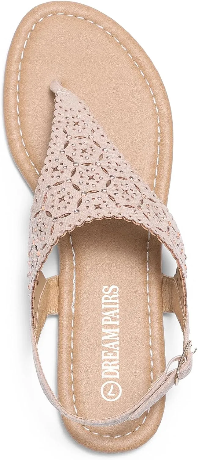 DREAM PAIRS Women's Rhinestone Casual Wear Cute Gladiator Flat Sandals Beach Dressy T-Strap Thong Sandals