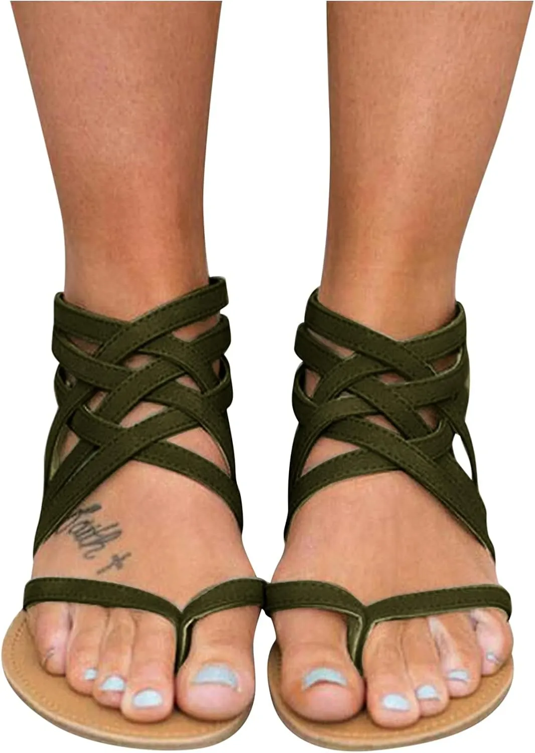 Dressy Flat Sandals for Women Criss Cross Flip Flops Anti-Slip Gladiator Solid Color Beach Falt Flat Sandals Women