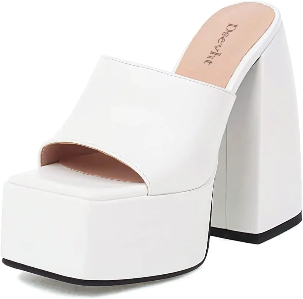 Dsevht Chunky Platform Sandals for Women,Slip On Square Toe Platform Mules with High Heel
