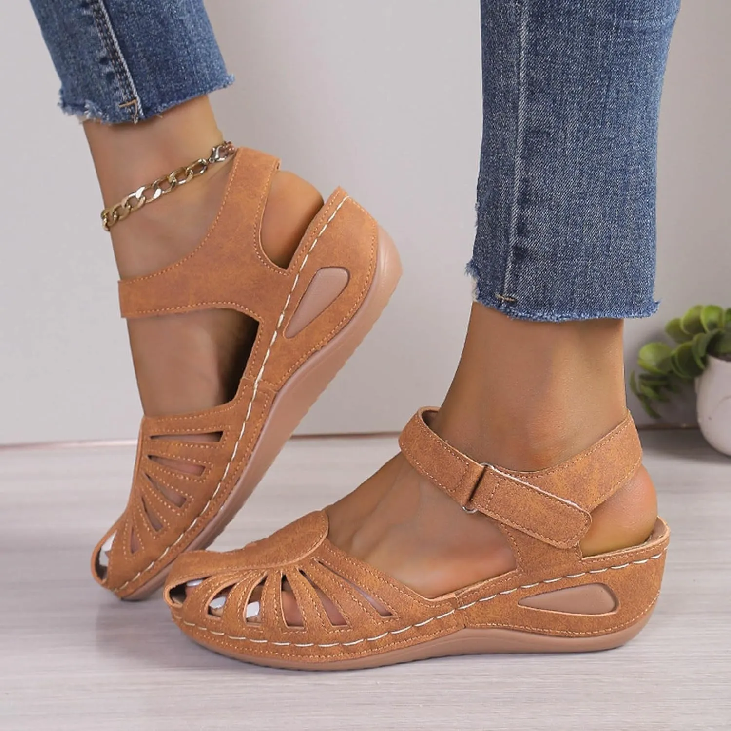 Eduavar Orthopedic Sandals for Women, Womens Sandals Comfortable Closed Toe Casual Hollow Out Shoes Orthotic Wedge Sandals