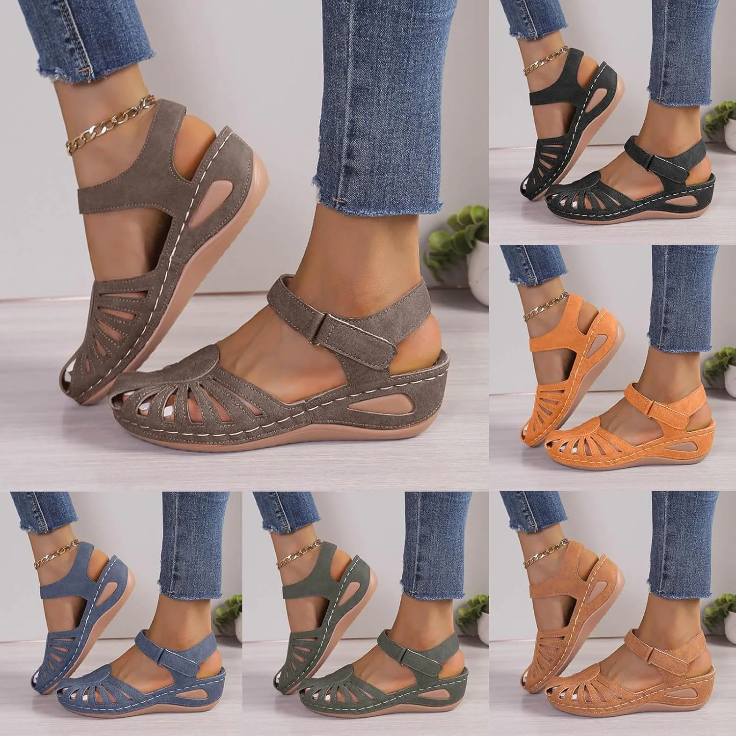 Eduavar Orthopedic Sandals for Women, Womens Sandals Comfortable Closed Toe Casual Hollow Out Shoes Orthotic Wedge Sandals