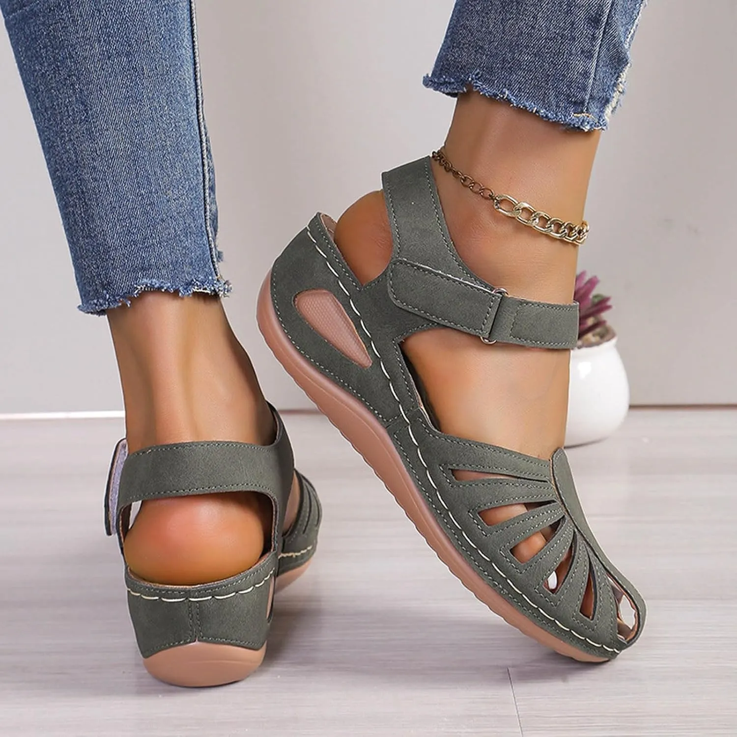 Eduavar Orthopedic Sandals for Women, Womens Sandals Comfortable Closed Toe Casual Hollow Out Shoes Orthotic Wedge Sandals
