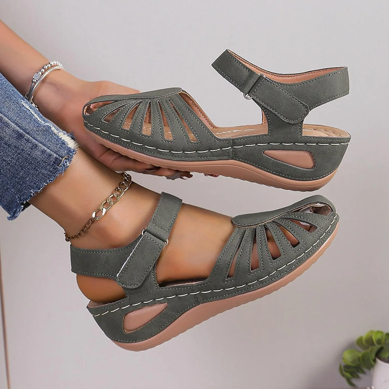 Eduavar Orthopedic Sandals for Women, Womens Sandals Comfortable Closed Toe Casual Hollow Out Shoes Orthotic Wedge Sandals