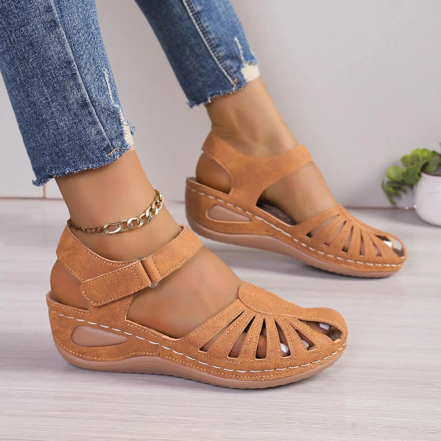 Eduavar Orthopedic Sandals for Women, Womens Sandals Comfortable Closed Toe Casual Hollow Out Shoes Orthotic Wedge Sandals