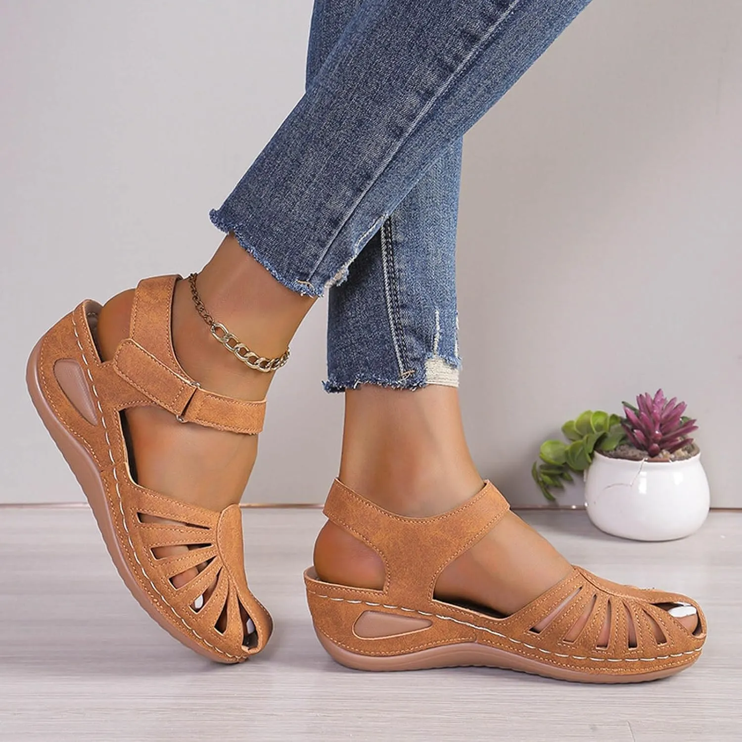 Eduavar Orthopedic Sandals for Women, Womens Sandals Comfortable Closed Toe Casual Hollow Out Shoes Orthotic Wedge Sandals