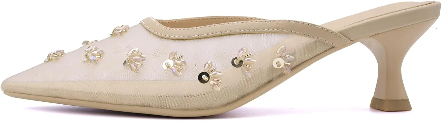 Elegant Women's Kitten Heel Mules with Crystal Flower Decor, Mesh Pointed Toe, and Low Heel Pumps - Stylish & Comfortable