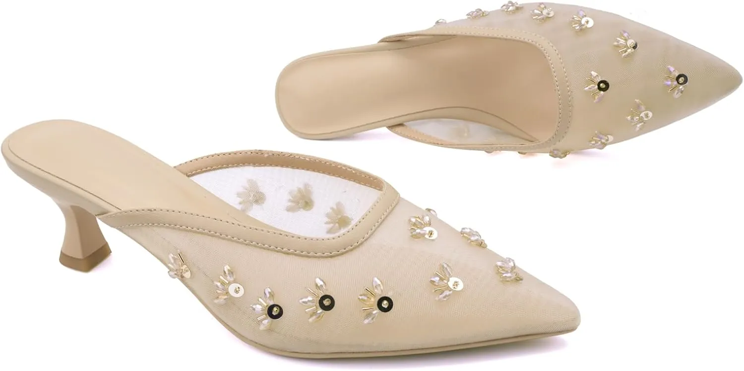 Elegant Women's Kitten Heel Mules with Crystal Flower Decor, Mesh Pointed Toe, and Low Heel Pumps - Stylish & Comfortable
