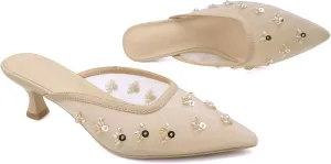 Elegant Women's Kitten Heel Mules with Crystal Flower Decor, Mesh Pointed Toe, and Low Heel Pumps - Stylish & Comfortable