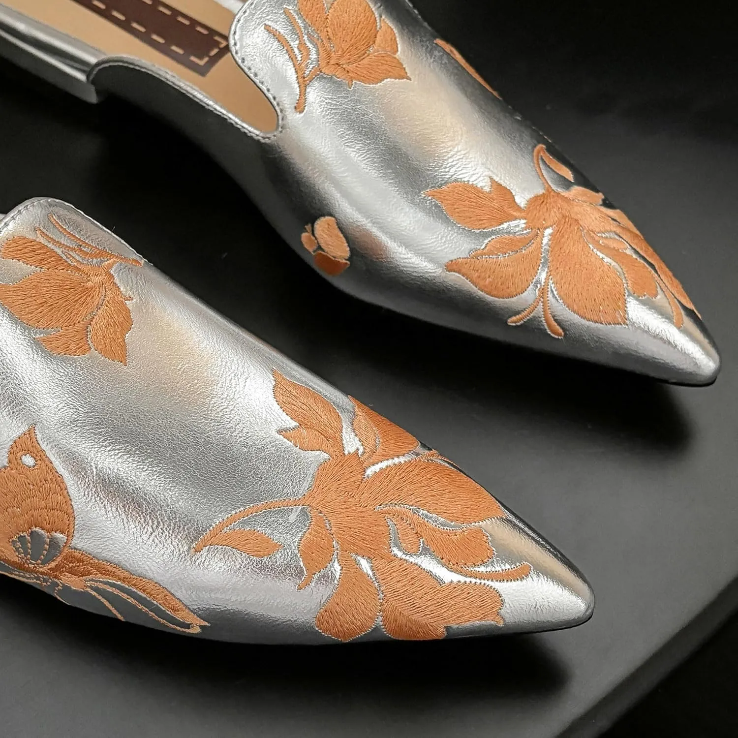 Embroidered Mules for Women Pointed Toe Flat Slides with Butterfly and Floral Design