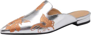 Embroidered Mules for Women Pointed Toe Flat Slides with Butterfly and Floral Design