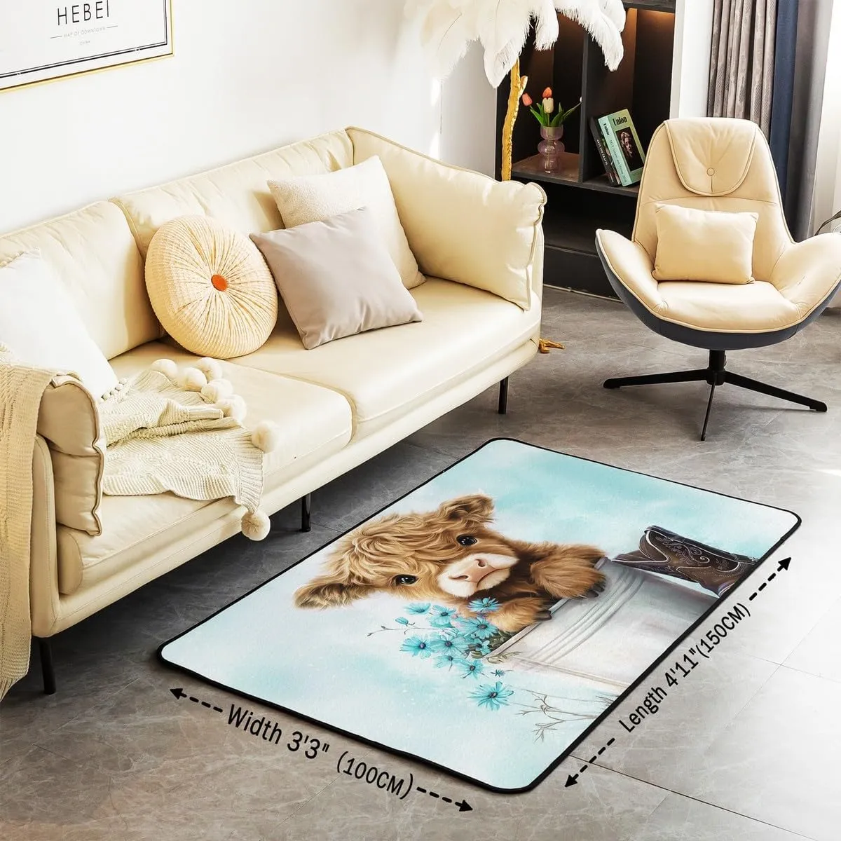 Erosebridal Cartoon Cow Area Rug 4'11" x 3'3" Highland Cows Living Room Rugs for Kids Boys Girls Daisy Floral Wood Boots Rustic Blue White Decorative Carpet Non Slip Indoor Floor Mat