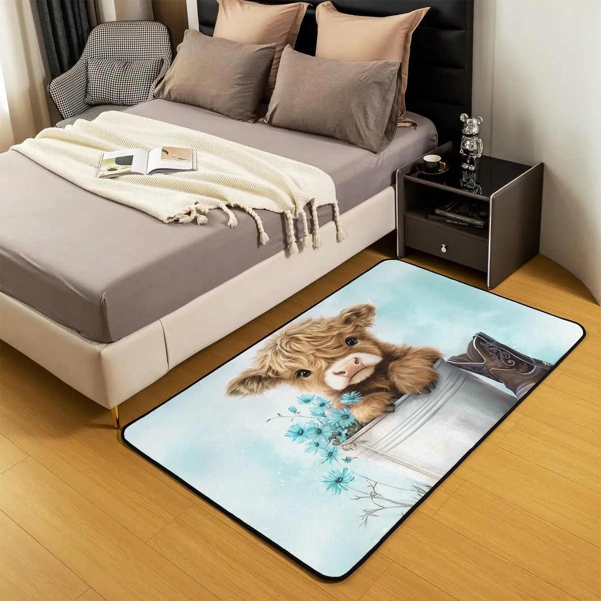 Erosebridal Cartoon Cow Area Rug 4'11" x 3'3" Highland Cows Living Room Rugs for Kids Boys Girls Daisy Floral Wood Boots Rustic Blue White Decorative Carpet Non Slip Indoor Floor Mat