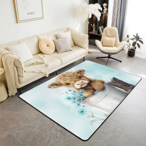 Erosebridal Cartoon Cow Area Rug 4'11" x 3'3" Highland Cows Living Room Rugs for Kids Boys Girls Daisy Floral Wood Boots Rustic Blue White Decorative Carpet Non Slip Indoor Floor Mat