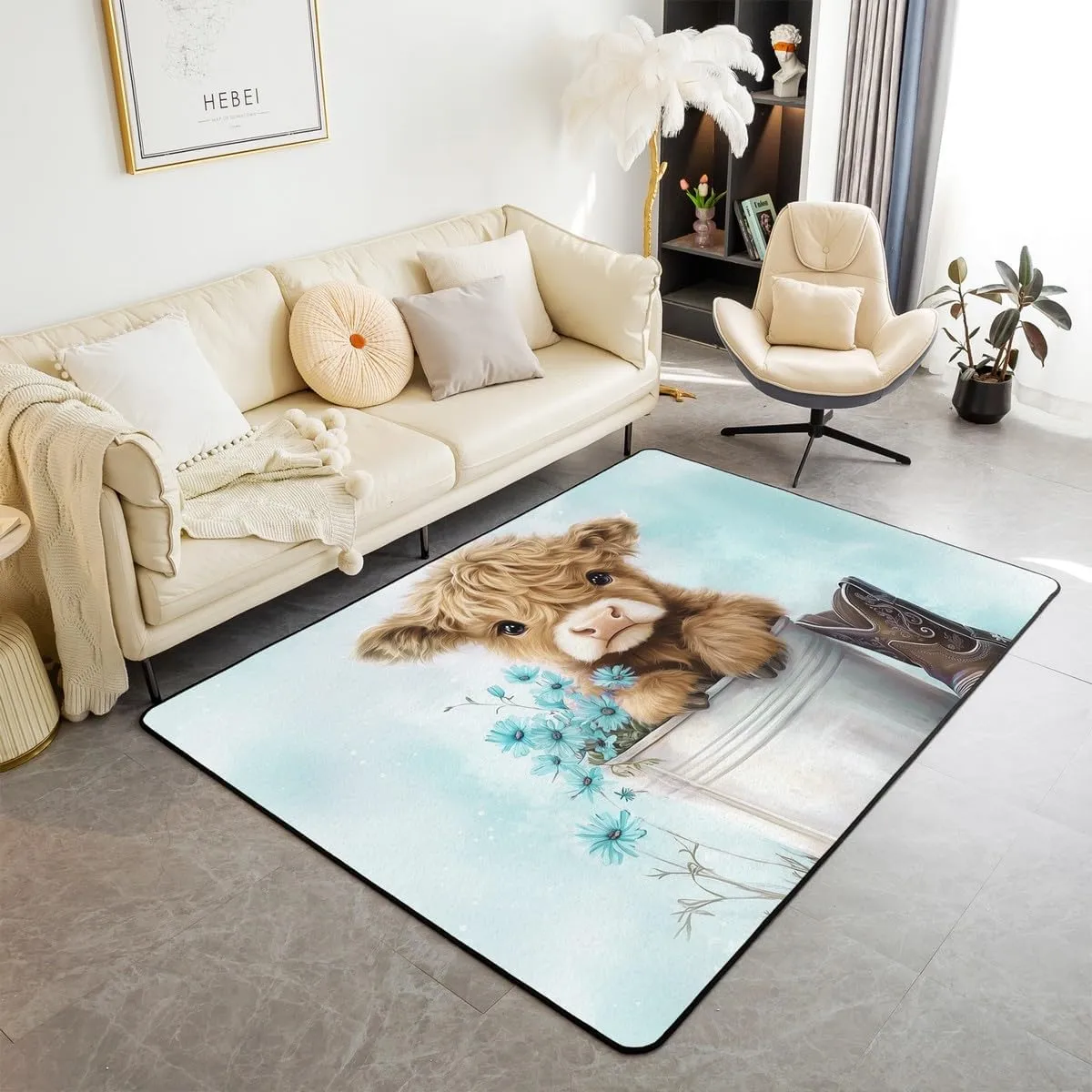 Erosebridal Cartoon Cow Area Rug 4'11" x 3'3" Highland Cows Living Room Rugs for Kids Boys Girls Daisy Floral Wood Boots Rustic Blue White Decorative Carpet Non Slip Indoor Floor Mat