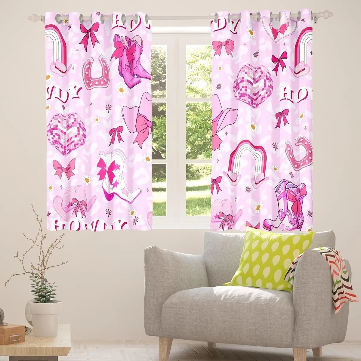Erosebridal Cheetah Print Cowgirl 42" Wx84 L Blackout Curtains for Girls,Pink Kawaii Bow Western Curtains & Drapes Cute Rainbow Bowknot Cowboy Hats Boots Leopard Daisy Window Treatments 2 Panels