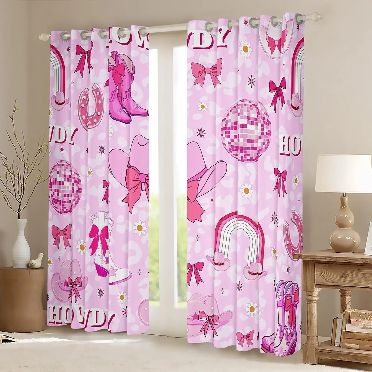 Erosebridal Cheetah Print Cowgirl 42" Wx84 L Blackout Curtains for Girls,Pink Kawaii Bow Western Curtains & Drapes Cute Rainbow Bowknot Cowboy Hats Boots Leopard Daisy Window Treatments 2 Panels
