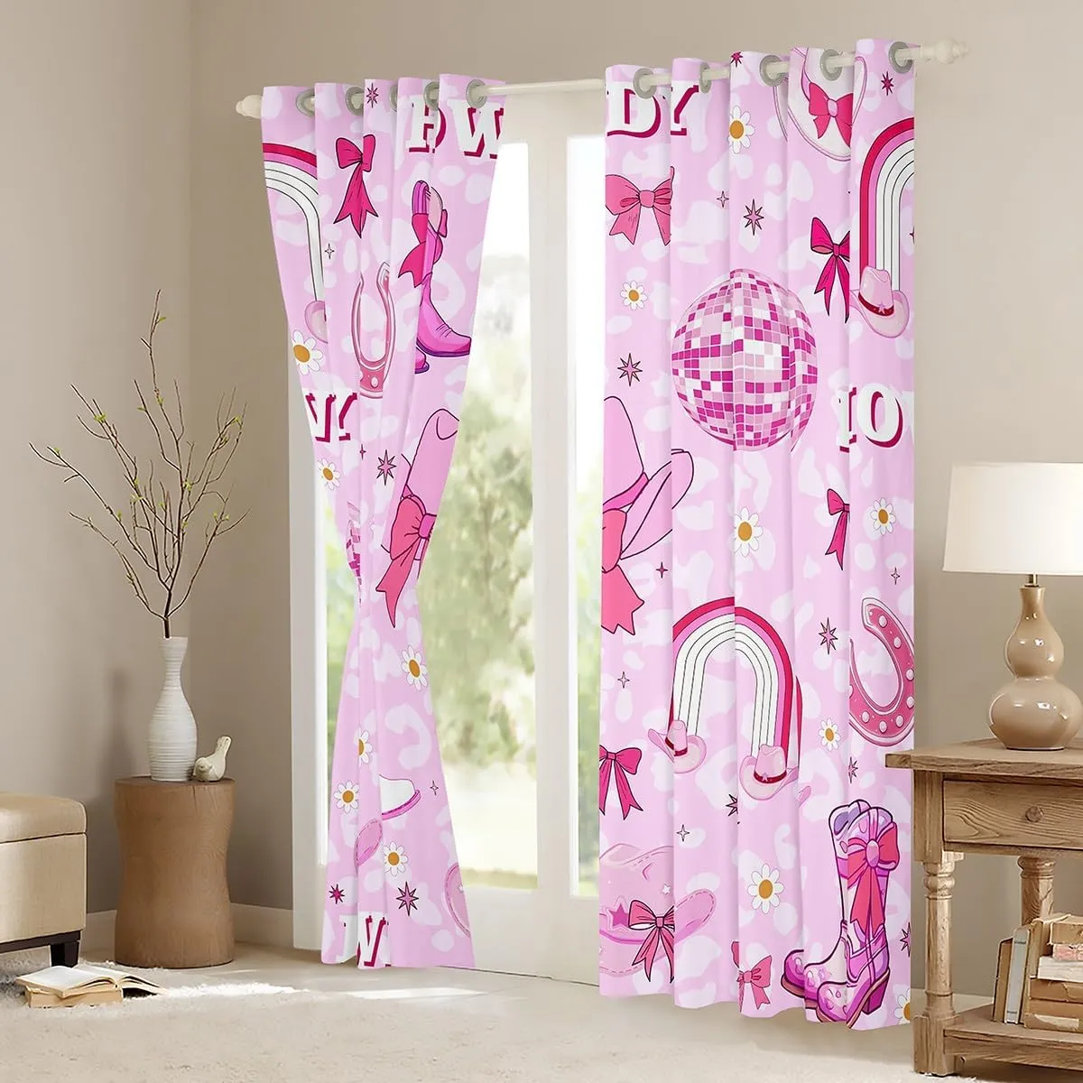 Erosebridal Cheetah Print Cowgirl 42" Wx84 L Blackout Curtains for Girls,Pink Kawaii Bow Western Curtains & Drapes Cute Rainbow Bowknot Cowboy Hats Boots Leopard Daisy Window Treatments 2 Panels