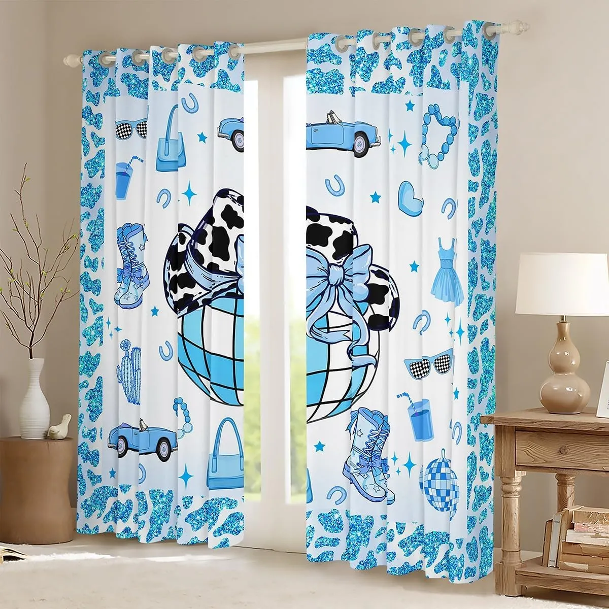 Erosebridal Cowboy Blackout Curtains 30-50%,Cowgirl Boots Hats Curtain,Southwestern Window Treatments,Blue Hippie Cow Pattern Curtains Drapes 2 Panels,52" Wx84 L