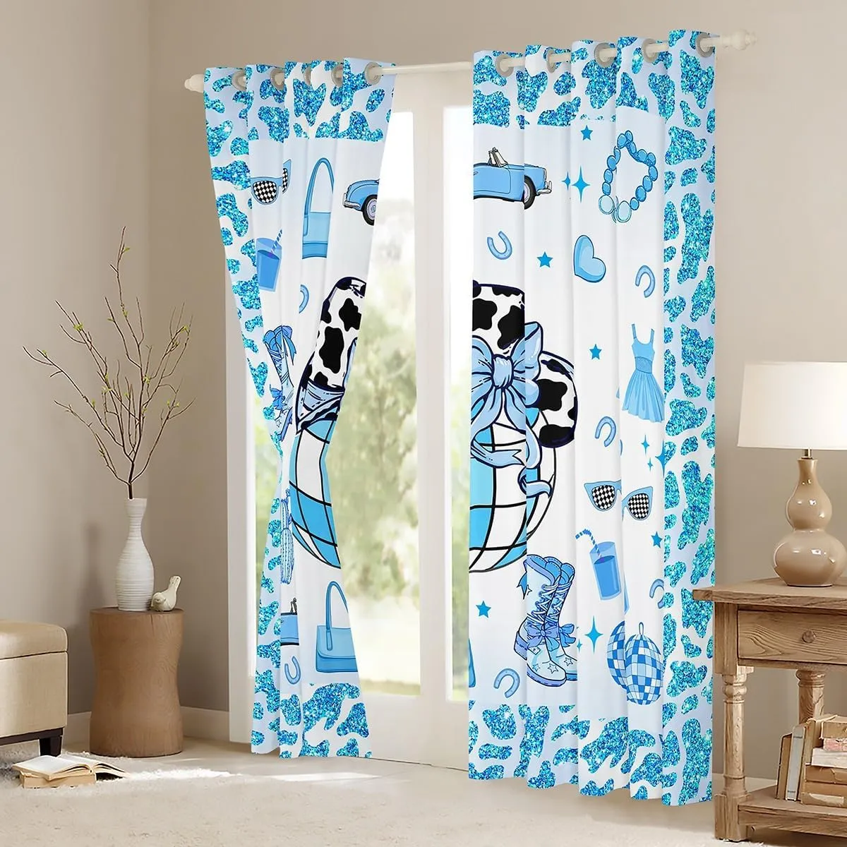 Erosebridal Cowboy Blackout Curtains 30-50%,Cowgirl Boots Hats Curtain,Southwestern Window Treatments,Blue Hippie Cow Pattern Curtains Drapes 2 Panels,52" Wx84 L