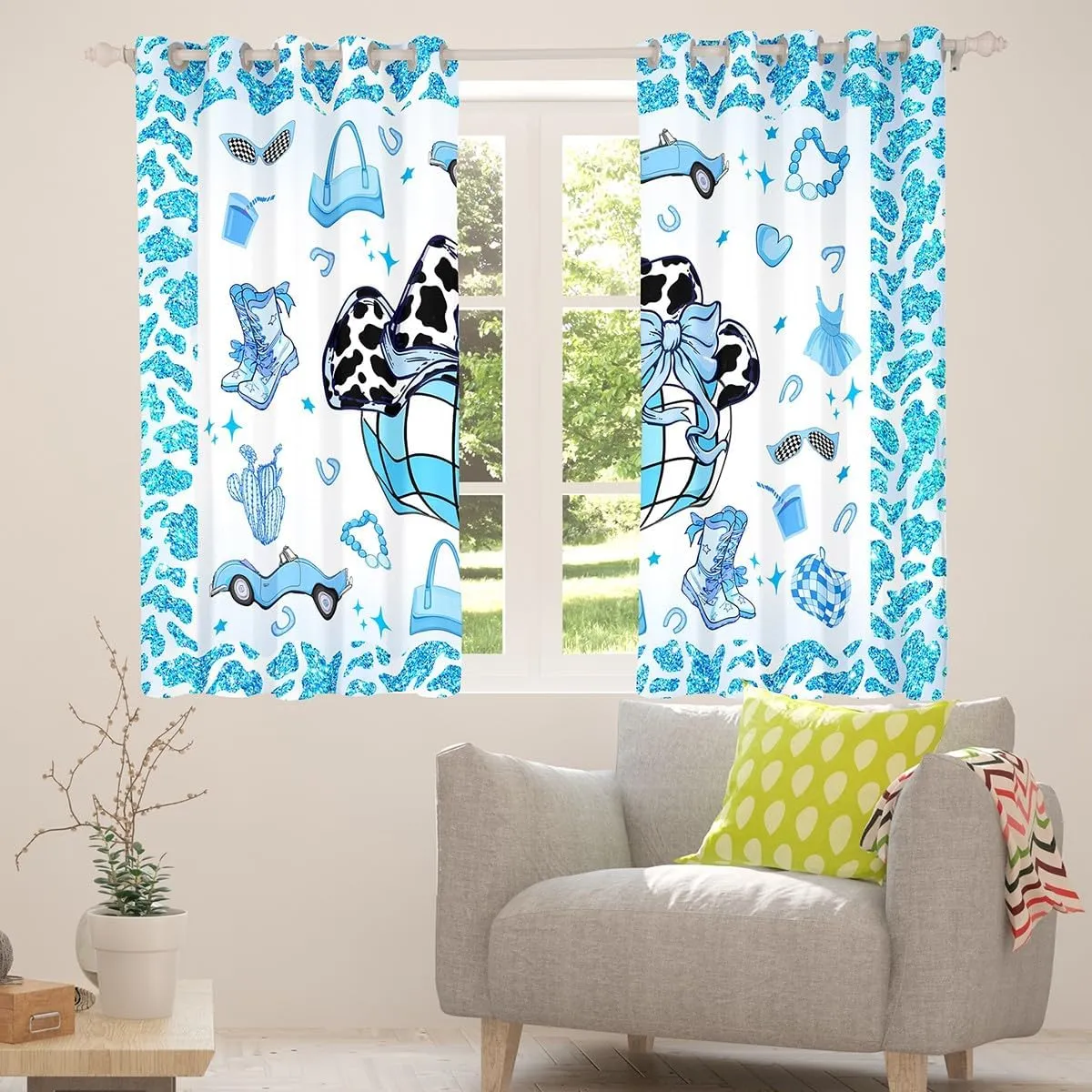 Erosebridal Cowboy Blackout Curtains 30-50%,Cowgirl Boots Hats Curtain,Southwestern Window Treatments,Blue Hippie Cow Pattern Curtains Drapes 2 Panels,52" Wx84 L