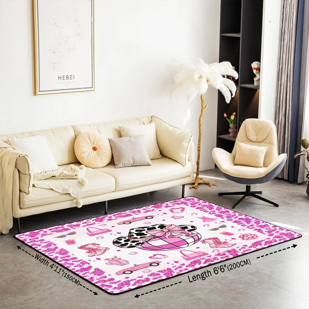 Erosebridal Cowgirl Area Rug 6'6" x 4'11" for Bedroom Living Room Playroom,Cowgirl Boots Hats Carpet,Western Farmhouse Decorative Rug,Neon Cow Pattern Indoor Floor Mat