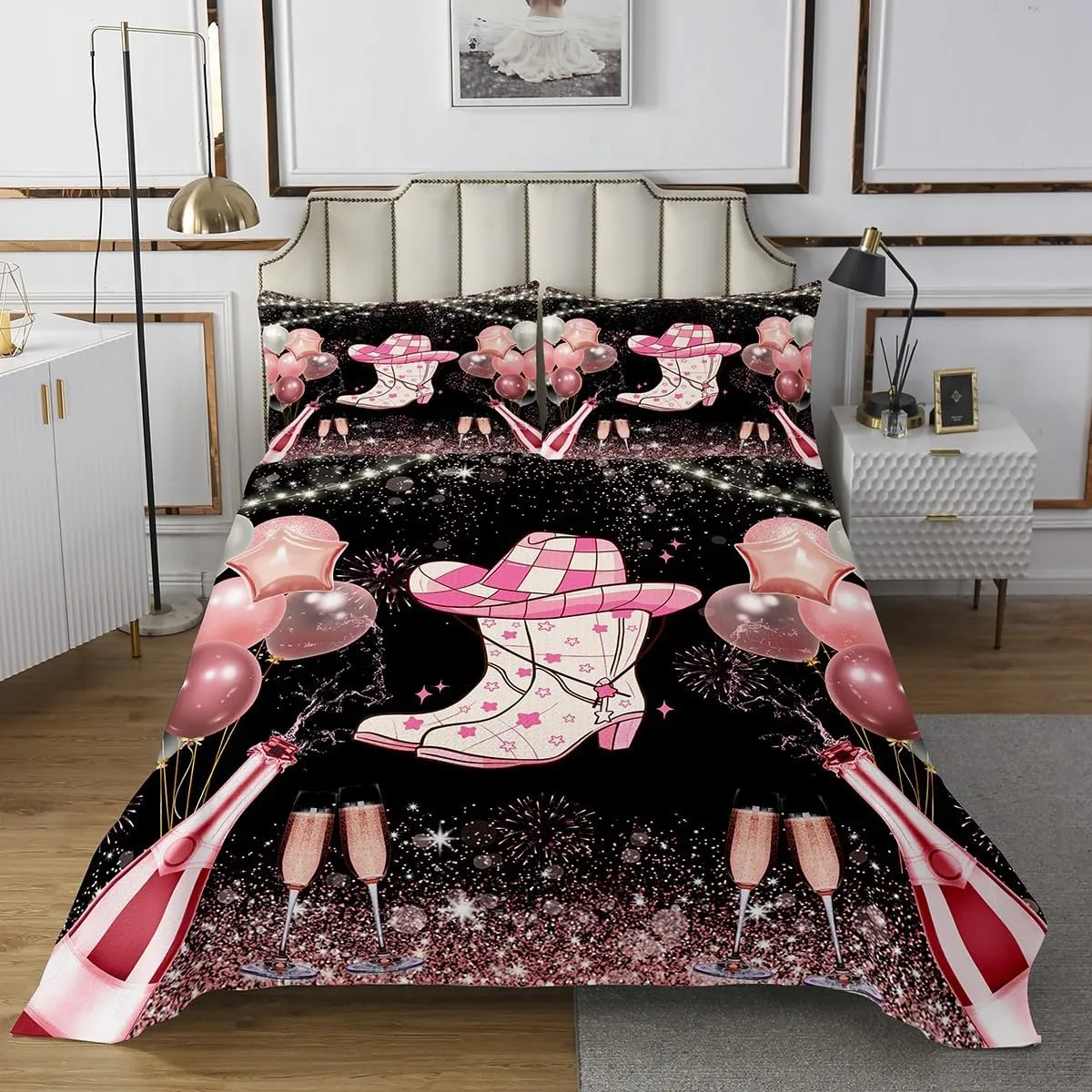 Erosebridal Cowgirl Coverlet Set Cute Kawaii Pink Cowgirl King Quilt Set for Kids Girls Teen,Western Cowboy Hat Boots Bedspread Set Rustic Fireworks Bedding Set Bedroom Decor 3 Pcs