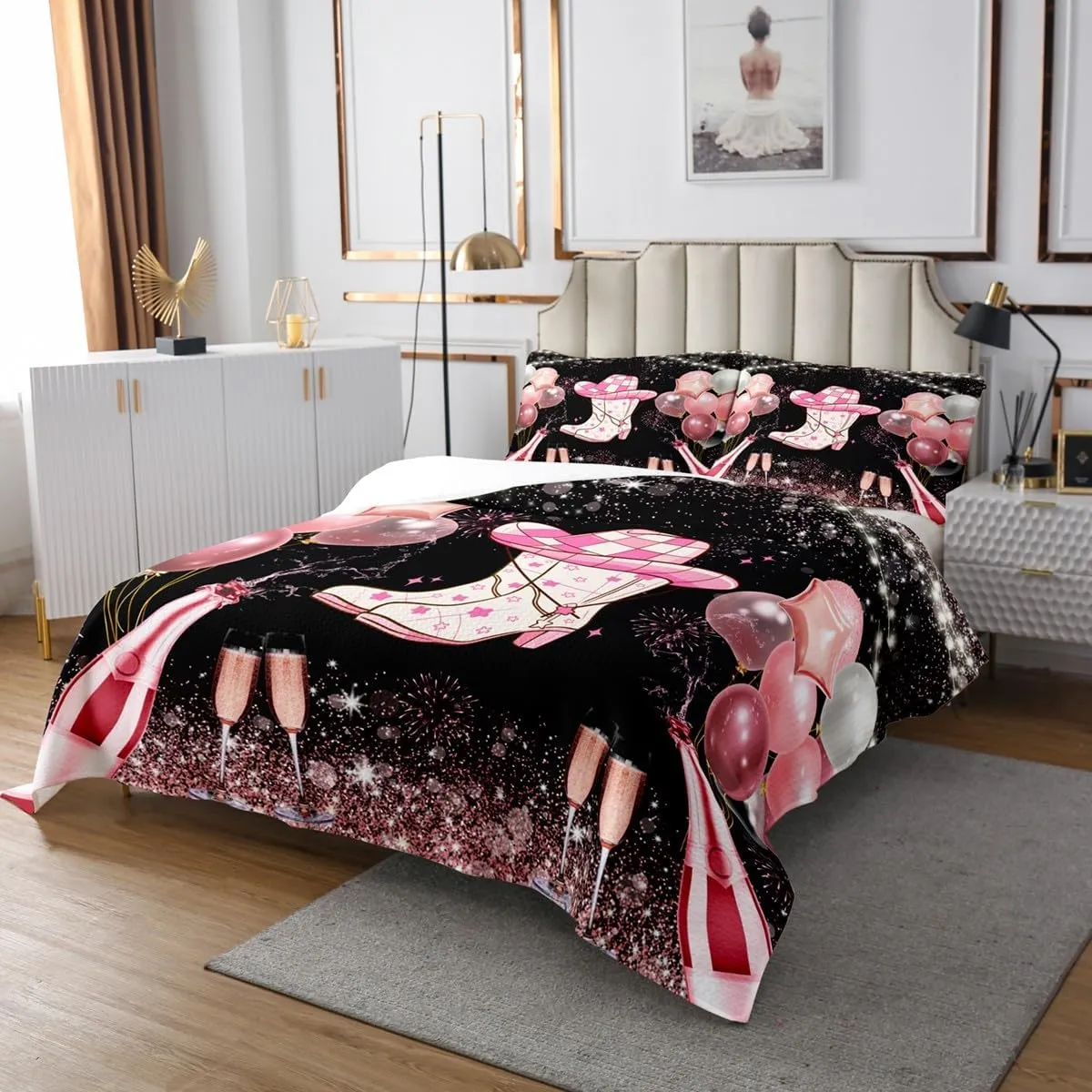 Erosebridal Cowgirl Coverlet Set Cute Kawaii Pink Cowgirl King Quilt Set for Kids Girls Teen,Western Cowboy Hat Boots Bedspread Set Rustic Fireworks Bedding Set Bedroom Decor 3 Pcs