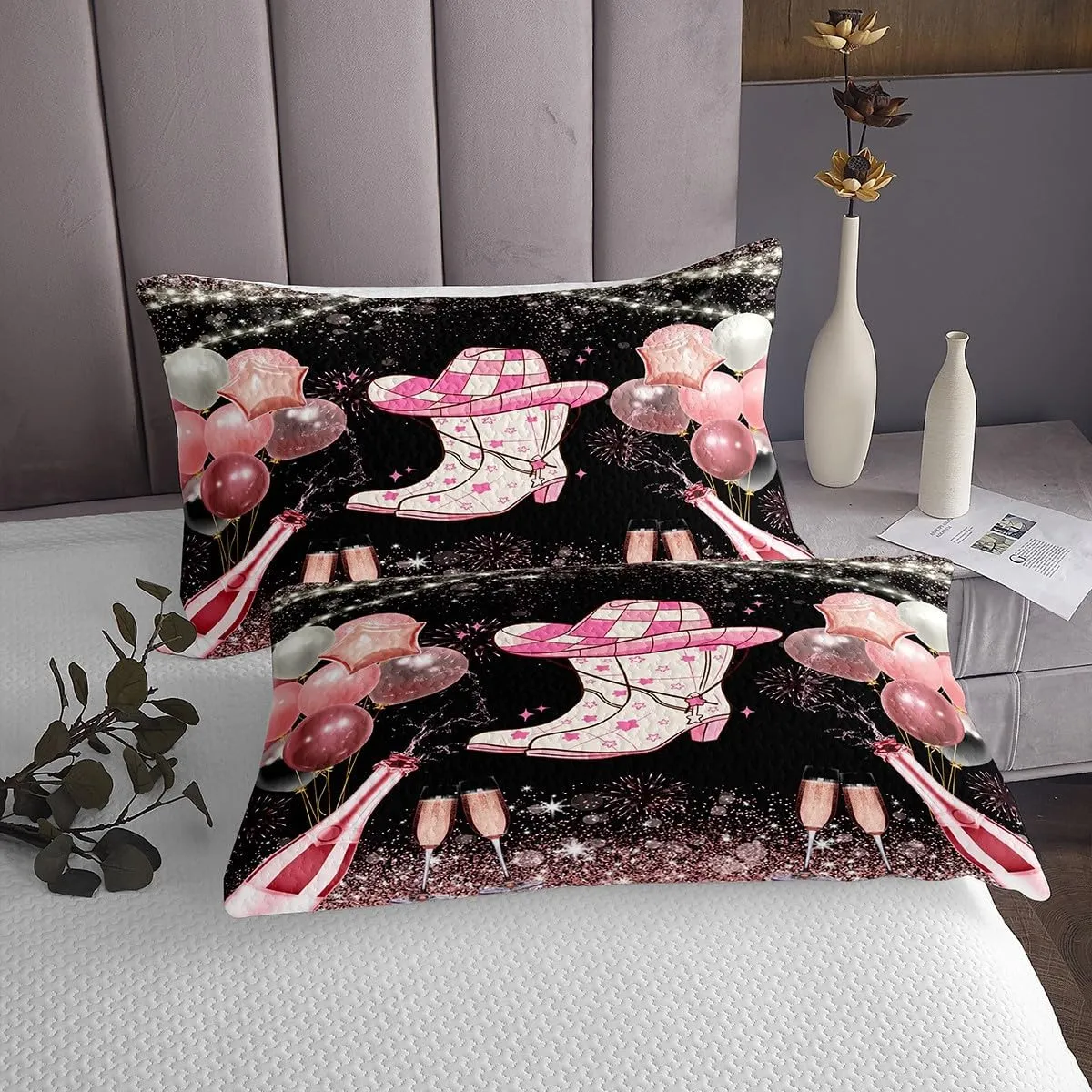 Erosebridal Cowgirl Coverlet Set Cute Kawaii Pink Cowgirl King Quilt Set for Kids Girls Teen,Western Cowboy Hat Boots Bedspread Set Rustic Fireworks Bedding Set Bedroom Decor 3 Pcs