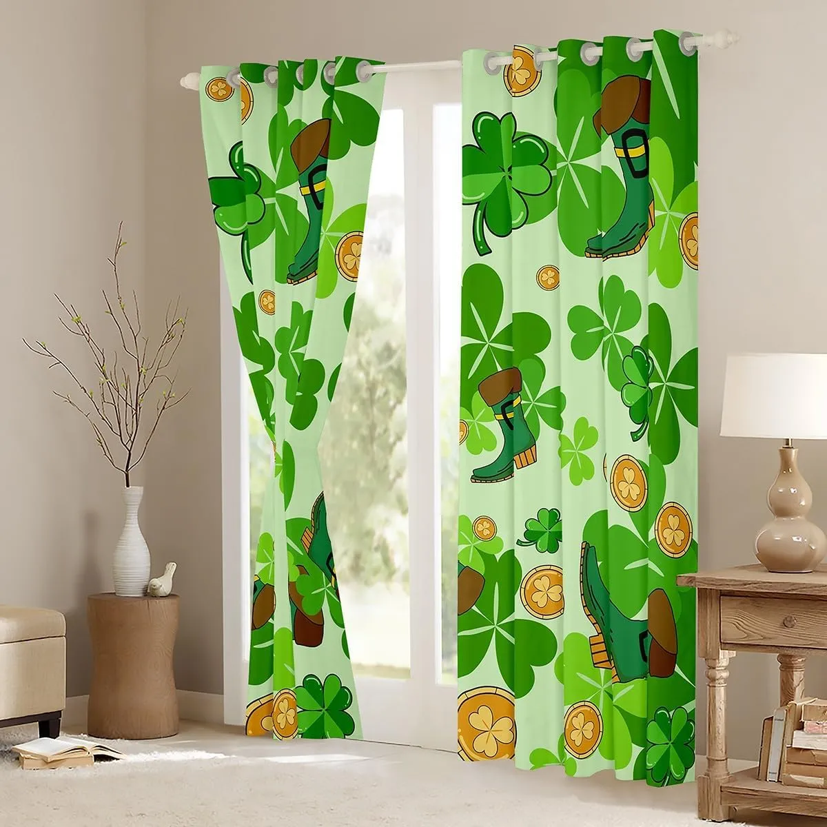 Erosebridal Happy St. Patrick's Day Window Treatments 38" Wx45 L Lucky Four Leaf Clover Design Window Curtain for Kids Boys Girls,Green Boots Curtain Nature Botanical Curtains & Drapes