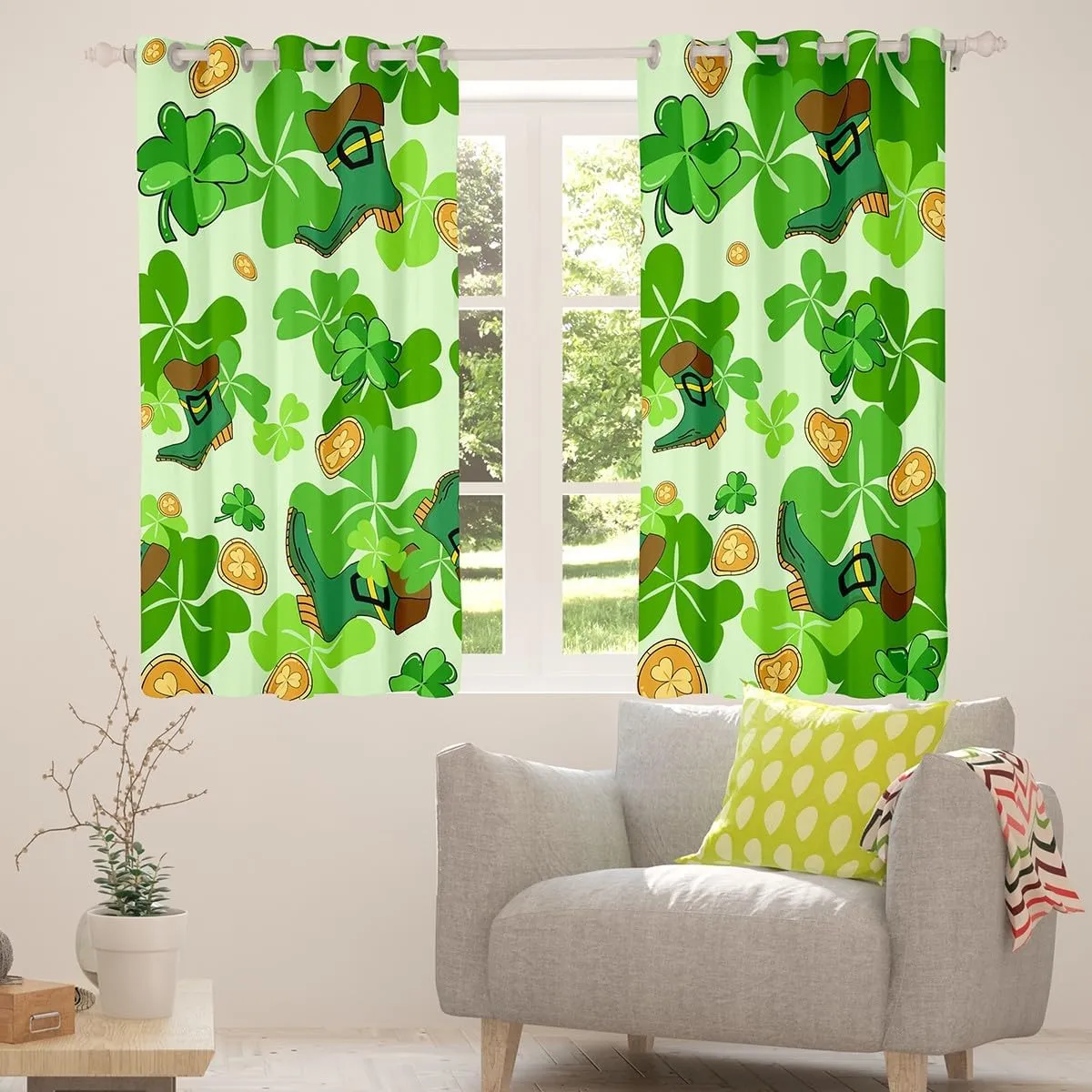 Erosebridal Happy St. Patrick's Day Window Treatments 38" Wx45 L Lucky Four Leaf Clover Design Window Curtain for Kids Boys Girls,Green Boots Curtain Nature Botanical Curtains & Drapes
