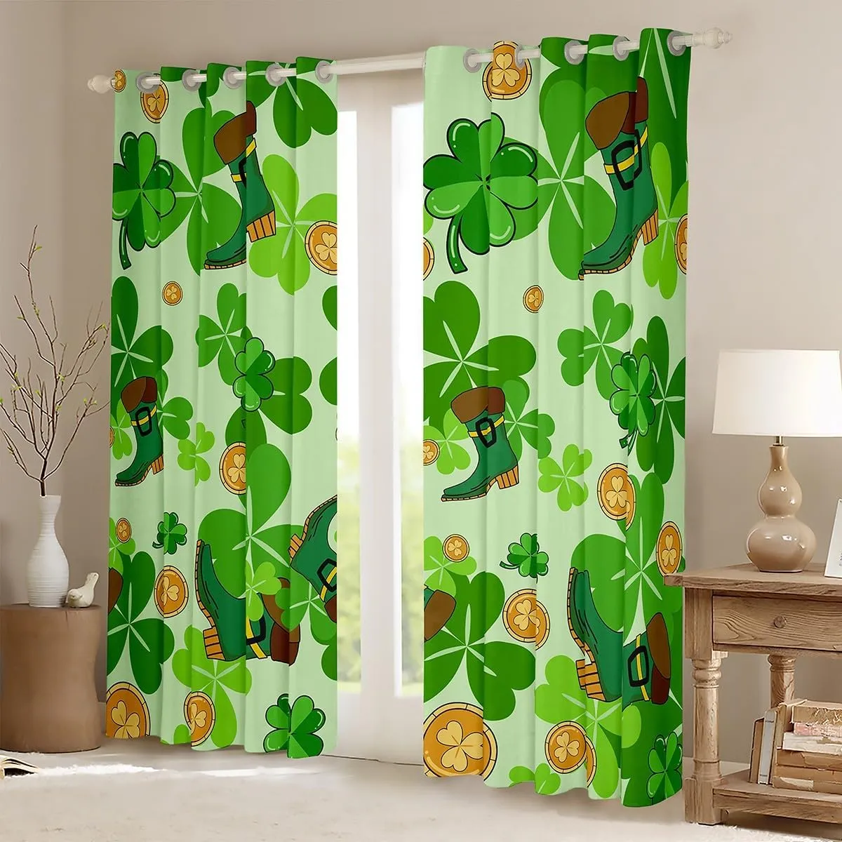 Erosebridal Happy St. Patrick's Day Window Treatments 38" Wx45 L Lucky Four Leaf Clover Design Window Curtain for Kids Boys Girls,Green Boots Curtain Nature Botanical Curtains & Drapes