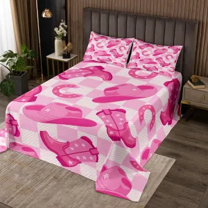 Erosebridal Kawaii Cowgirl Girls Quilt Set King Pink White Checkered Bedspread Set for Kids Teen Women,Cowboy Hat Boots Horseshoe Coverlet Set Western Room Decor,Cute Wild West Bedding Set