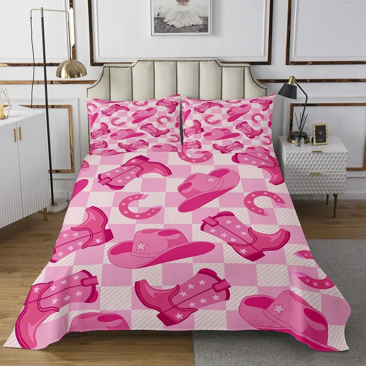 Erosebridal Kawaii Cowgirl Girls Quilt Set King Pink White Checkered Bedspread Set for Kids Teen Women,Cowboy Hat Boots Horseshoe Coverlet Set Western Room Decor,Cute Wild West Bedding Set