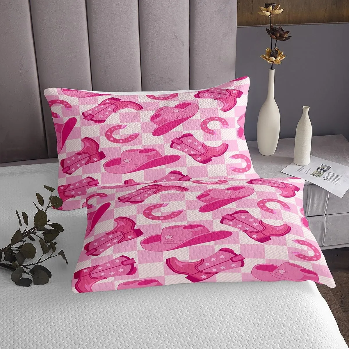Erosebridal Kawaii Cowgirl Girls Quilt Set King Pink White Checkered Bedspread Set for Kids Teen Women,Cowboy Hat Boots Horseshoe Coverlet Set Western Room Decor,Cute Wild West Bedding Set
