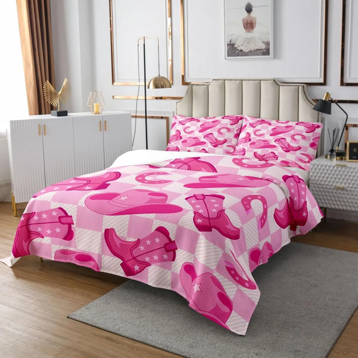 Erosebridal Kawaii Cowgirl Girls Quilt Set King Pink White Checkered Bedspread Set for Kids Teen Women,Cowboy Hat Boots Horseshoe Coverlet Set Western Room Decor,Cute Wild West Bedding Set