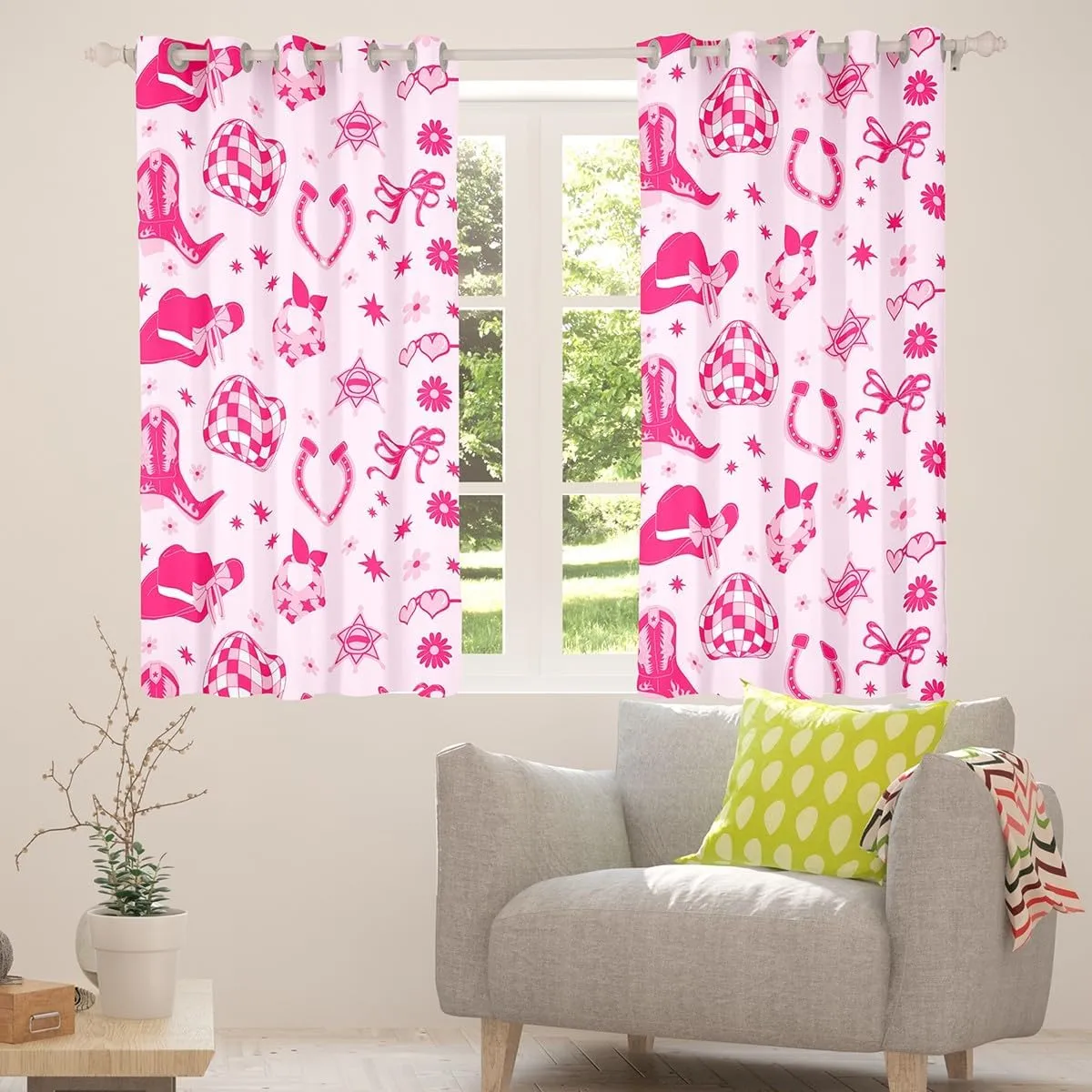 Erosebridal Kids Western Bow Curtain 38" Wx45 L, Cute Bowknot Blackout Curtains for Girls Boys Teens Adult Women Children, Western Boots Window Treatments Pink Dreamy Princess Bedroom Decor, Pink