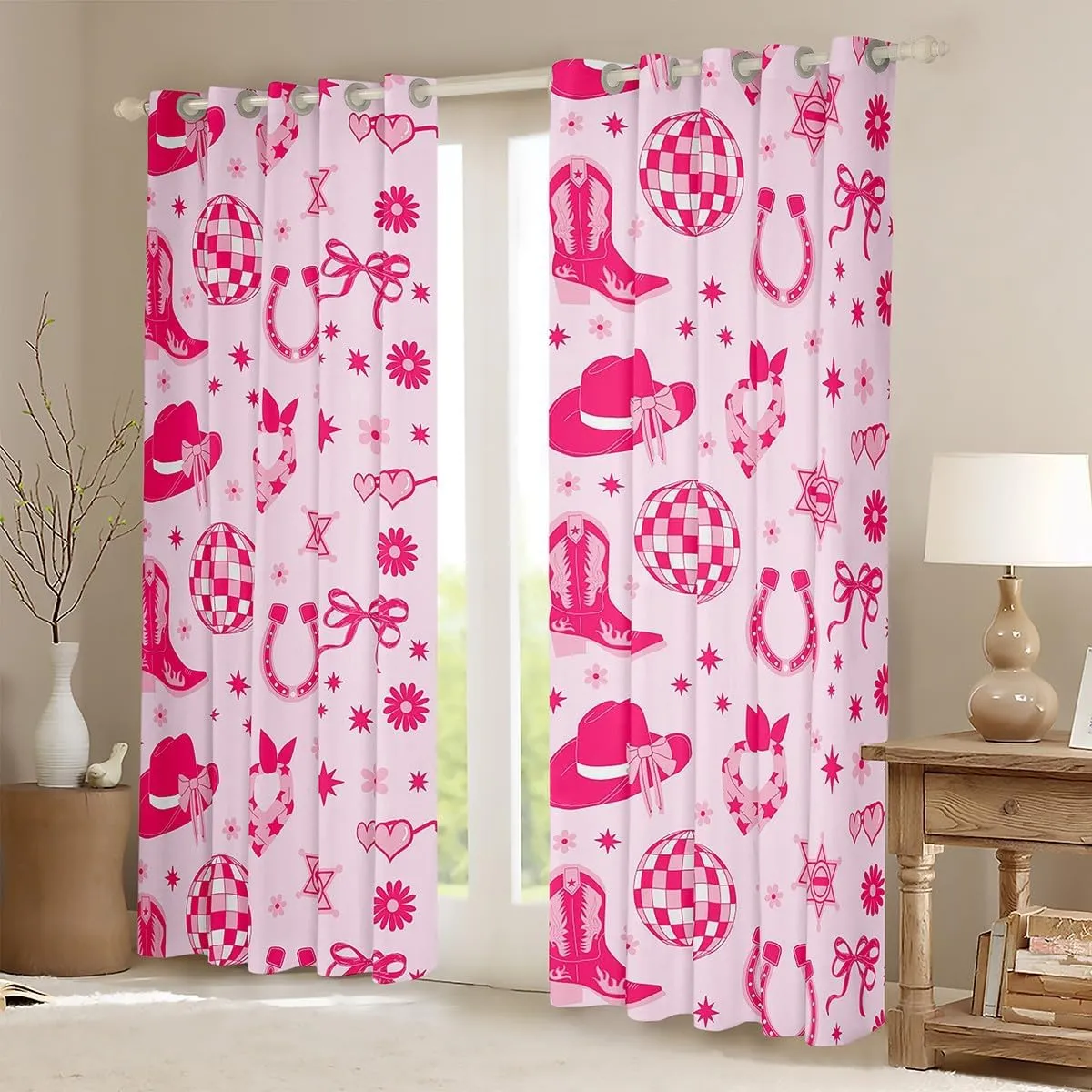 Erosebridal Kids Western Bow Curtain 38" Wx45 L, Cute Bowknot Blackout Curtains for Girls Boys Teens Adult Women Children, Western Boots Window Treatments Pink Dreamy Princess Bedroom Decor, Pink