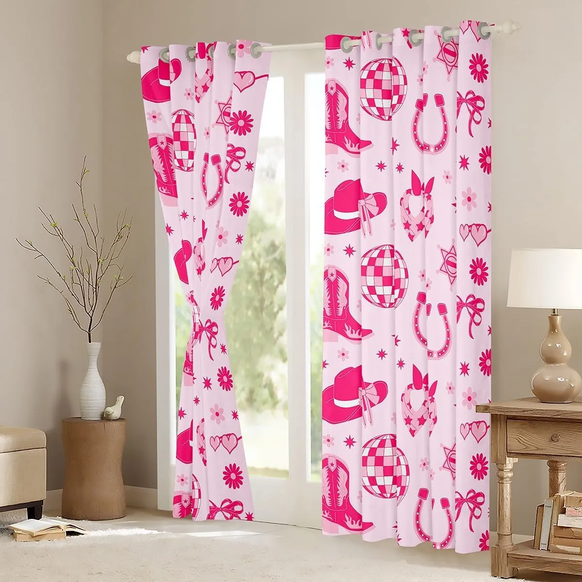 Erosebridal Kids Western Bow Curtain 38" Wx45 L, Cute Bowknot Blackout Curtains for Girls Boys Teens Adult Women Children, Western Boots Window Treatments Pink Dreamy Princess Bedroom Decor, Pink