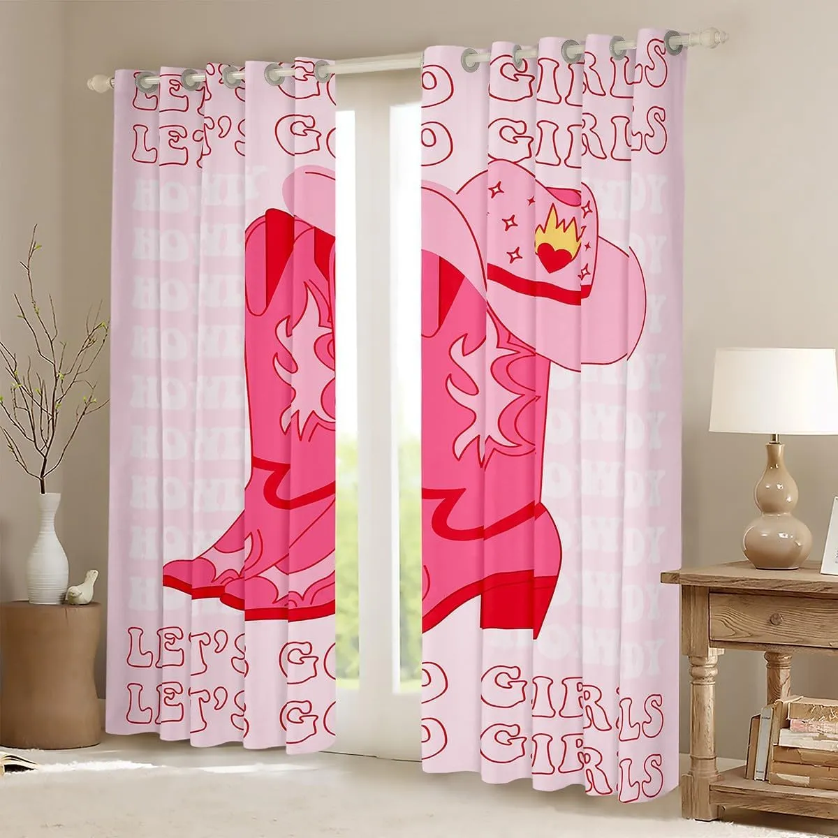Erosebridal Pink Cowgirl Window Curtains,Cowgirl Gifts for Girls Western Curtains for Bedroom 38" Wx45 L,Cowboy Boots Hat Curtains & Drapes for Kids Teen Women Wild West Window Treatments 2 Panels
